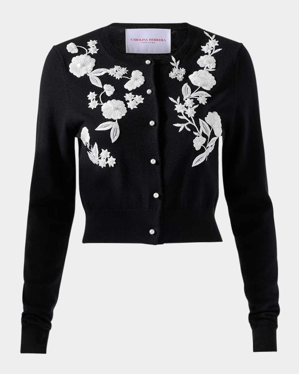 Floral Embroidered Crewneck Cardigan With Pearly Buttons